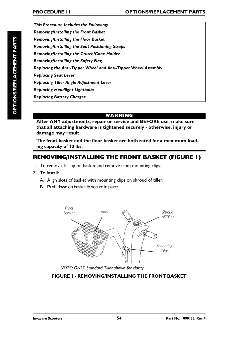 Removing/installing the front basket (figure 1) | Invacare LYNX LX-3PLUS  EU User Manual | Page 54 / 64