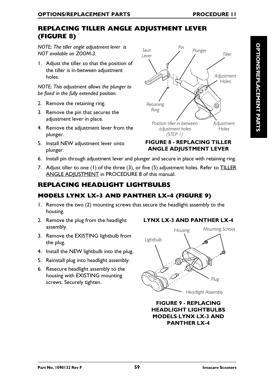 Replacing tiller angle adjustment lever (figure 8), Replacing headlight lightbulbs | Invacare LYNX LX-3PLUS  EU User Manual | Page 59 / 64