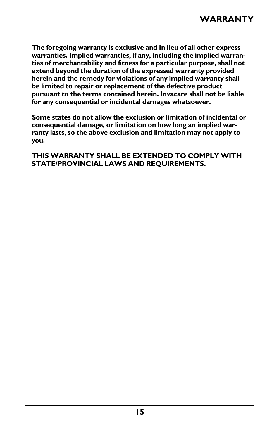 Warranty | Invacare IRC1001 User Manual | Page 15 / 44