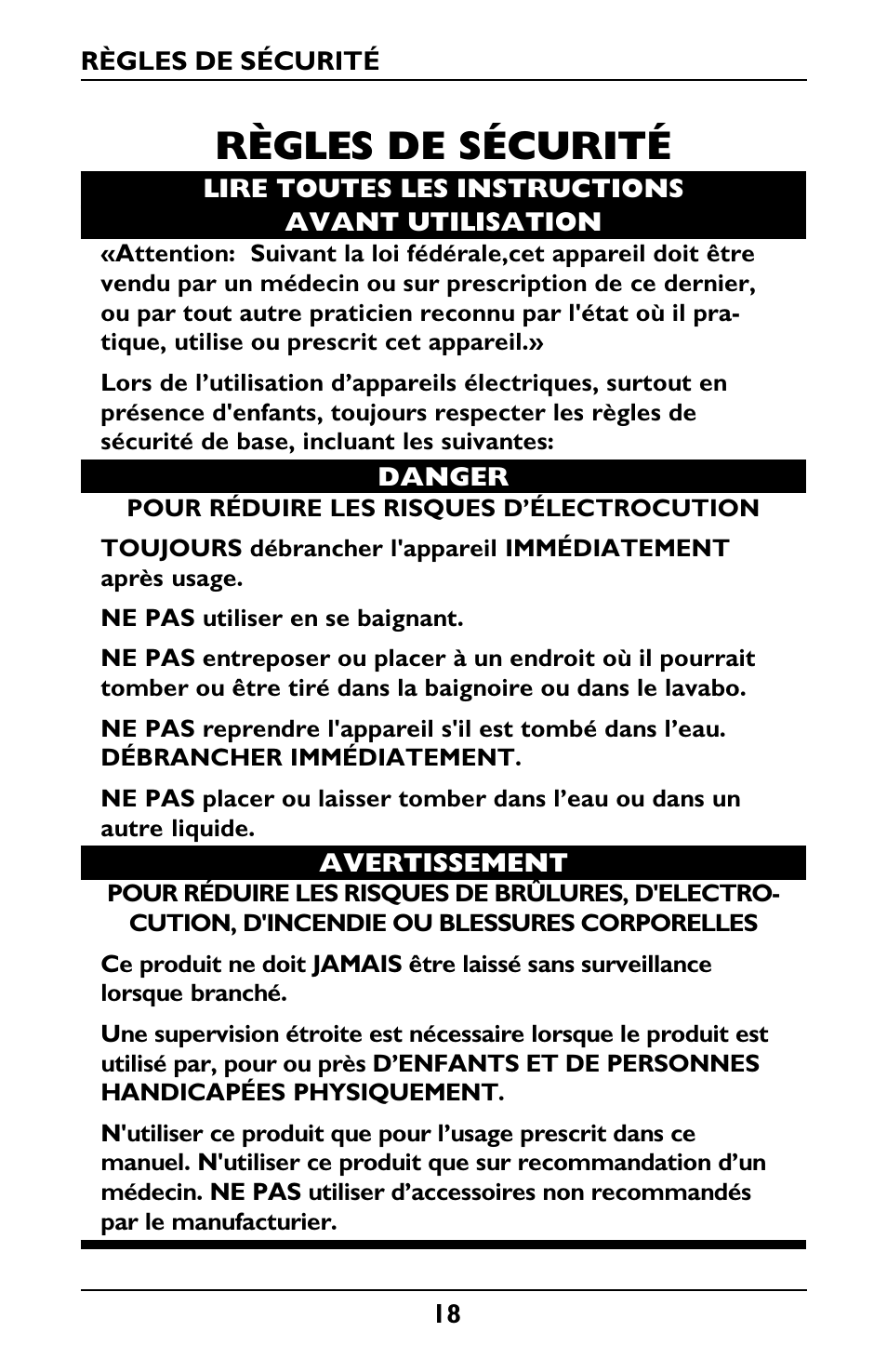 Règles de sécurité | Invacare IRC1001 User Manual | Page 18 / 44