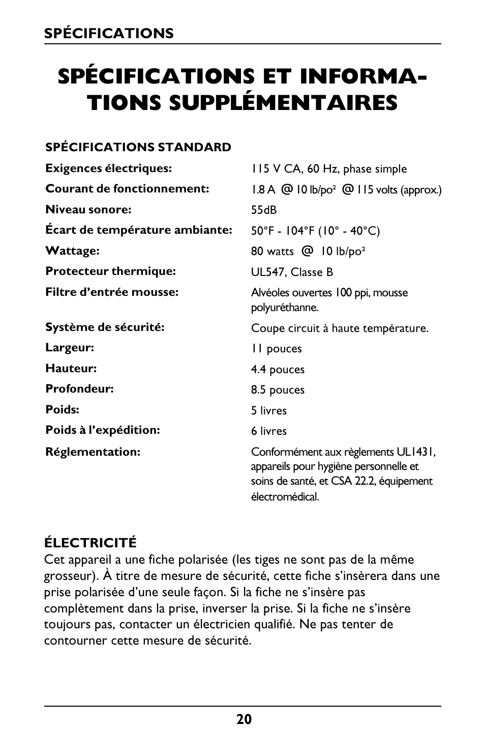 Spécifications et informa- tions supplémentaires | Invacare IRC1001 User Manual | Page 20 / 44