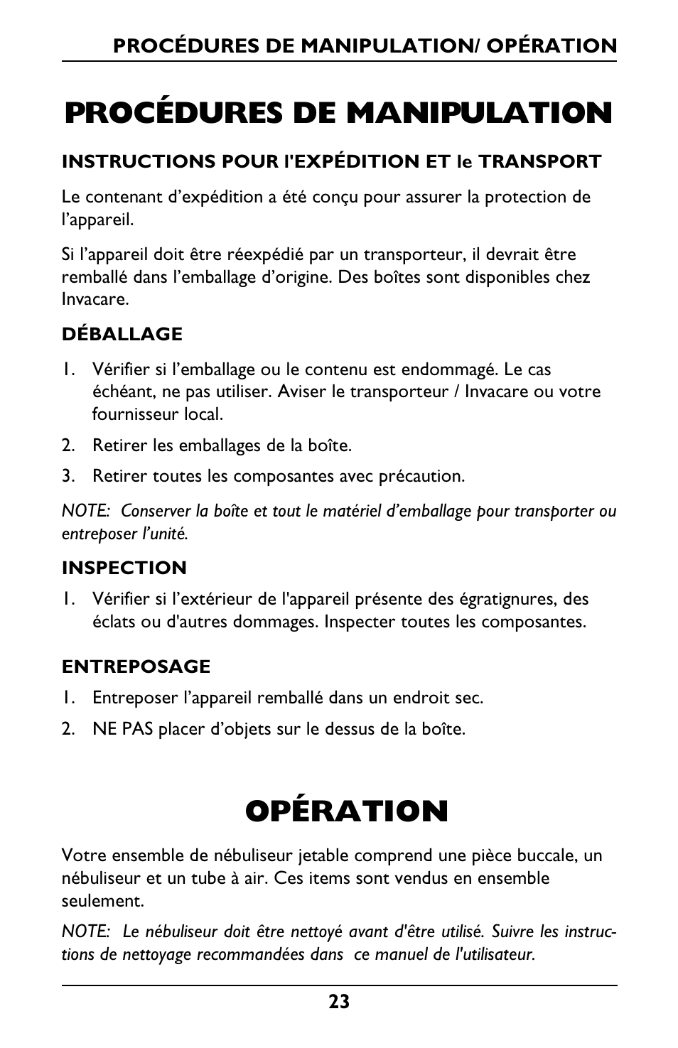 Procédures de manipulation, Opération | Invacare IRC1001 User Manual | Page 23 / 44