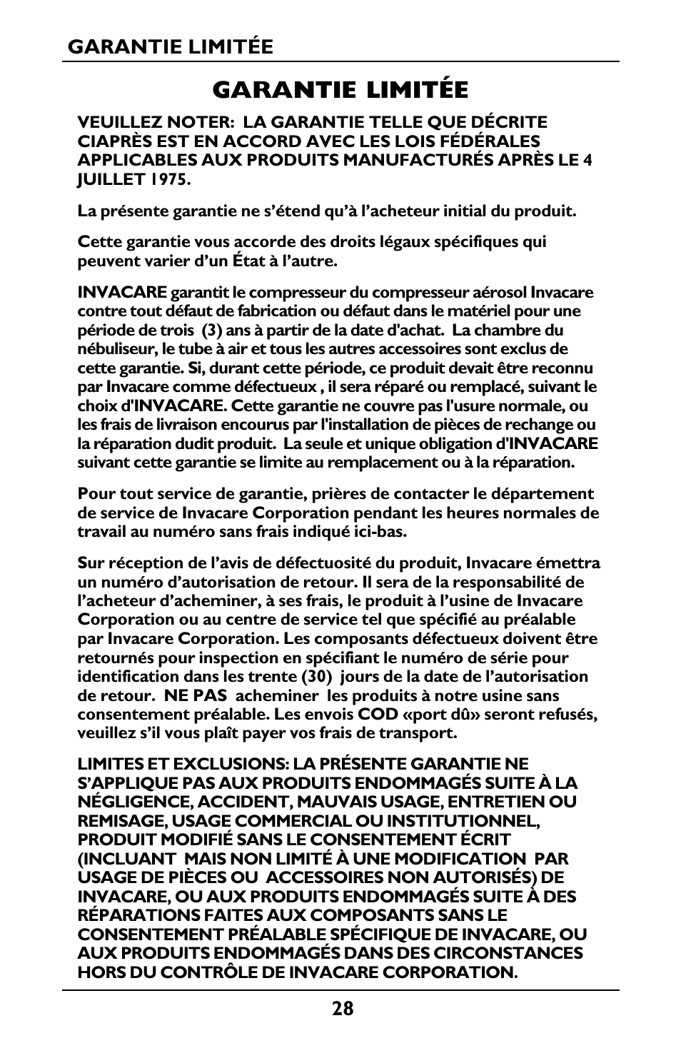 Garantie limitée | Invacare IRC1001 User Manual | Page 28 / 44