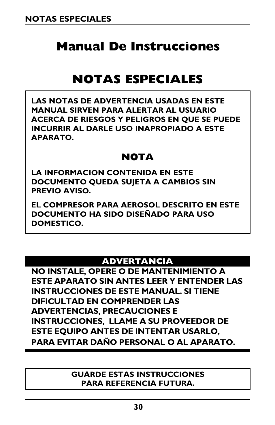 Notas especiales, Manual de instrucciones, Nota | Invacare IRC1001 User Manual | Page 30 / 44