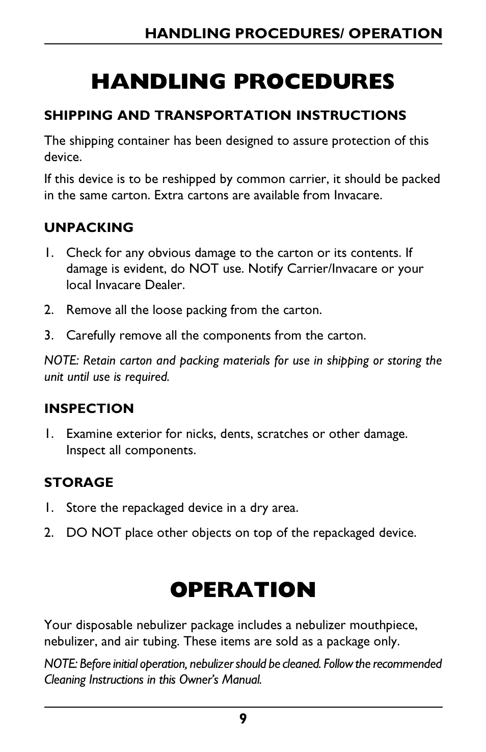 Handling procedures, Operation | Invacare IRC1001 User Manual | Page 9 / 44
