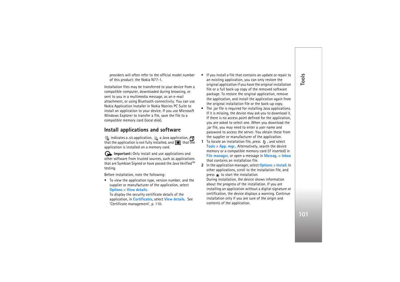 Install applications and software, Tools | Nokia N77 User Manual | Page 101 / 133