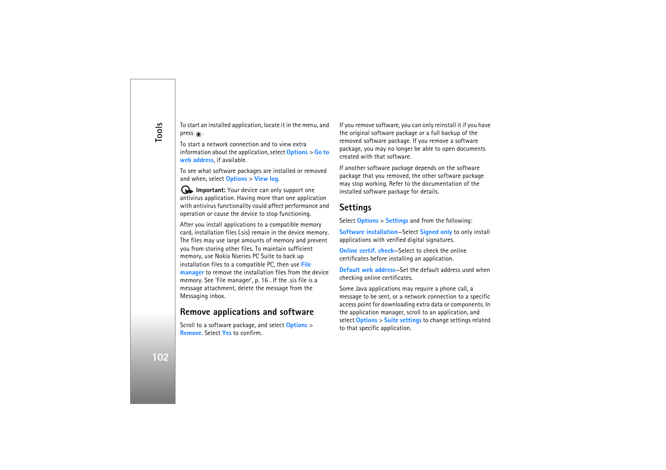 Remove applications and software, Settings, Tools | Nokia N77 User Manual | Page 102 / 133