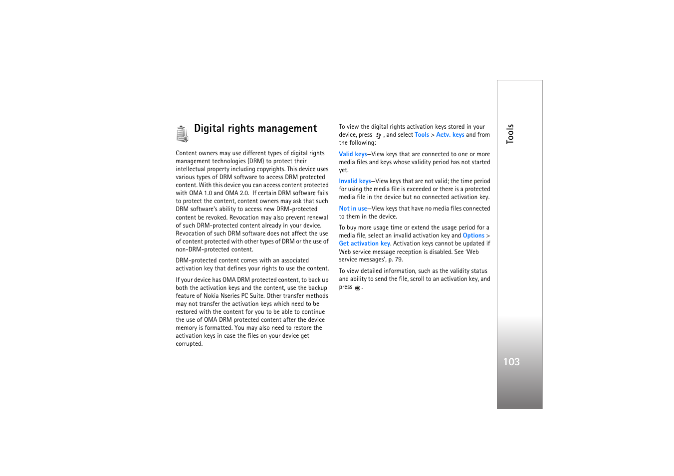 Digital rights management, 103 digital rights management | Nokia N77 User Manual | Page 103 / 133