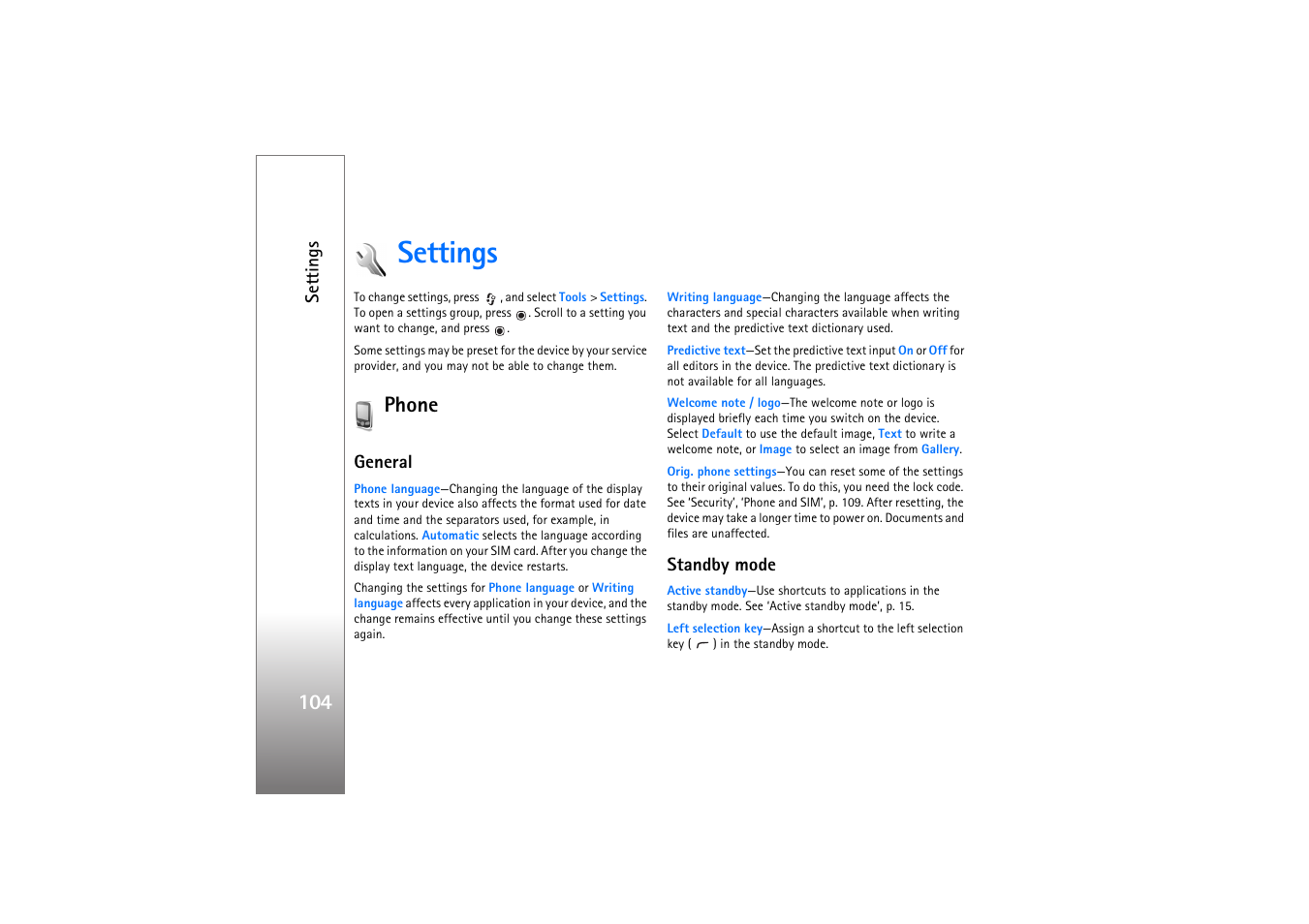 Settings, Phone, General | Standby mode, Mode, see ‘standby mode’, p. 104 | Nokia N77 User Manual | Page 104 / 133