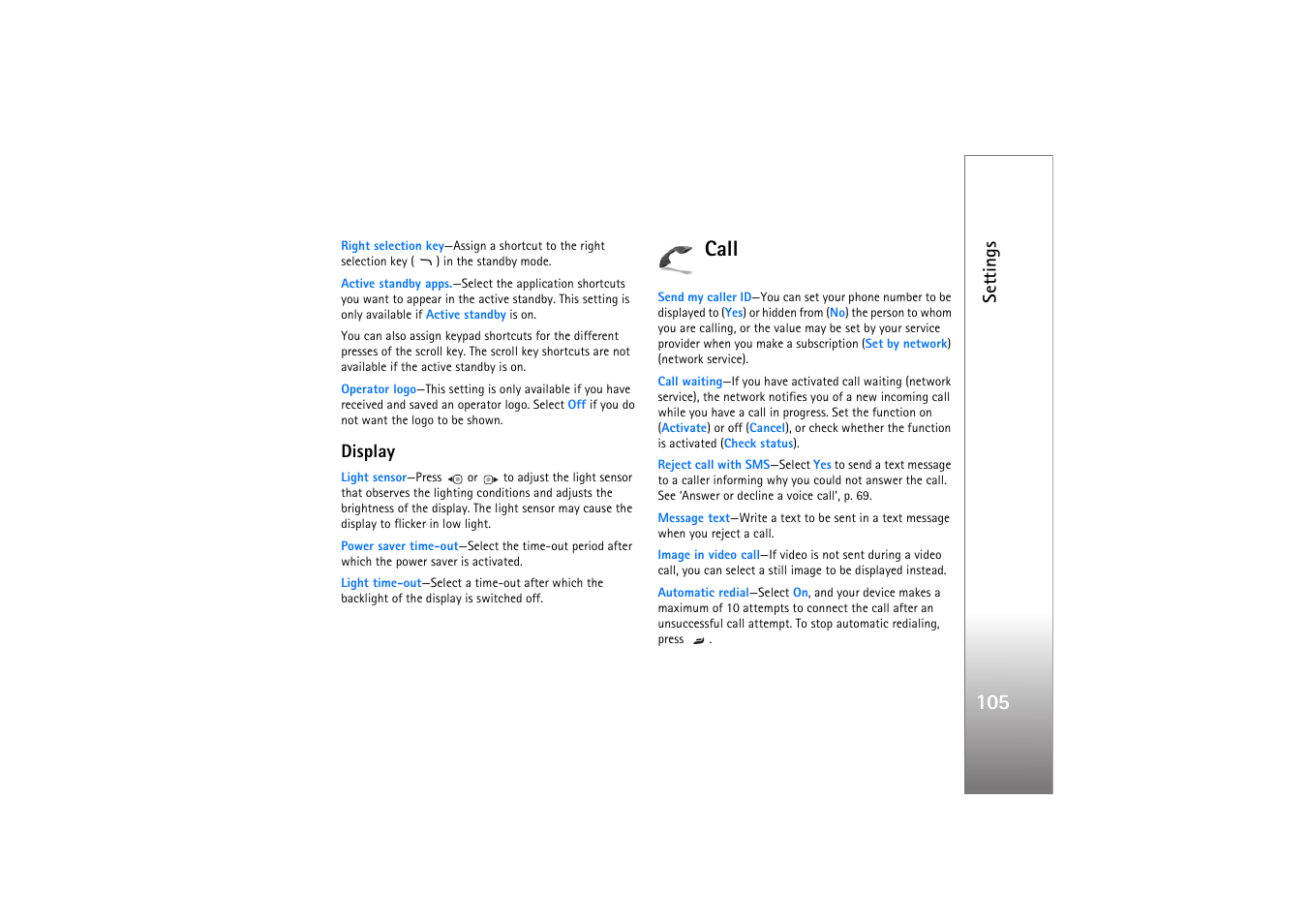 Display, Call, Settings | Nokia N77 User Manual | Page 105 / 133