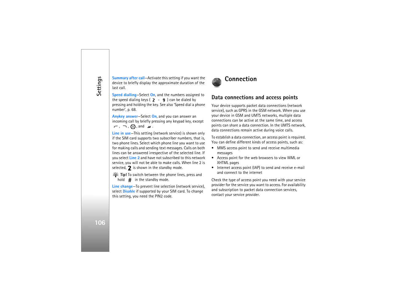 Connection, Data connections and access points, Connection’, p. 106 | Settings | Nokia N77 User Manual | Page 106 / 133