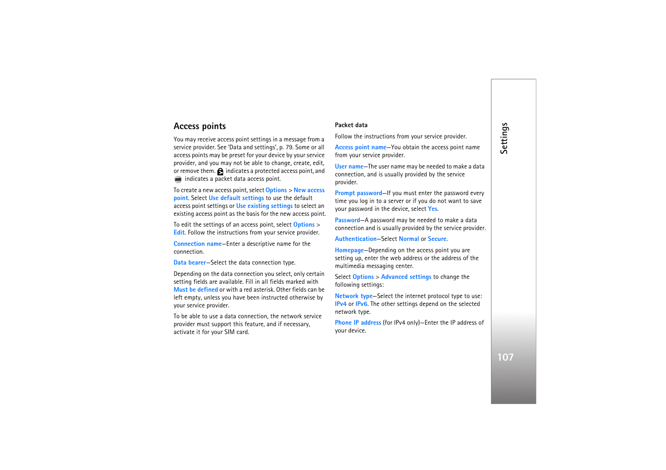 Access points, Settings | Nokia N77 User Manual | Page 107 / 133