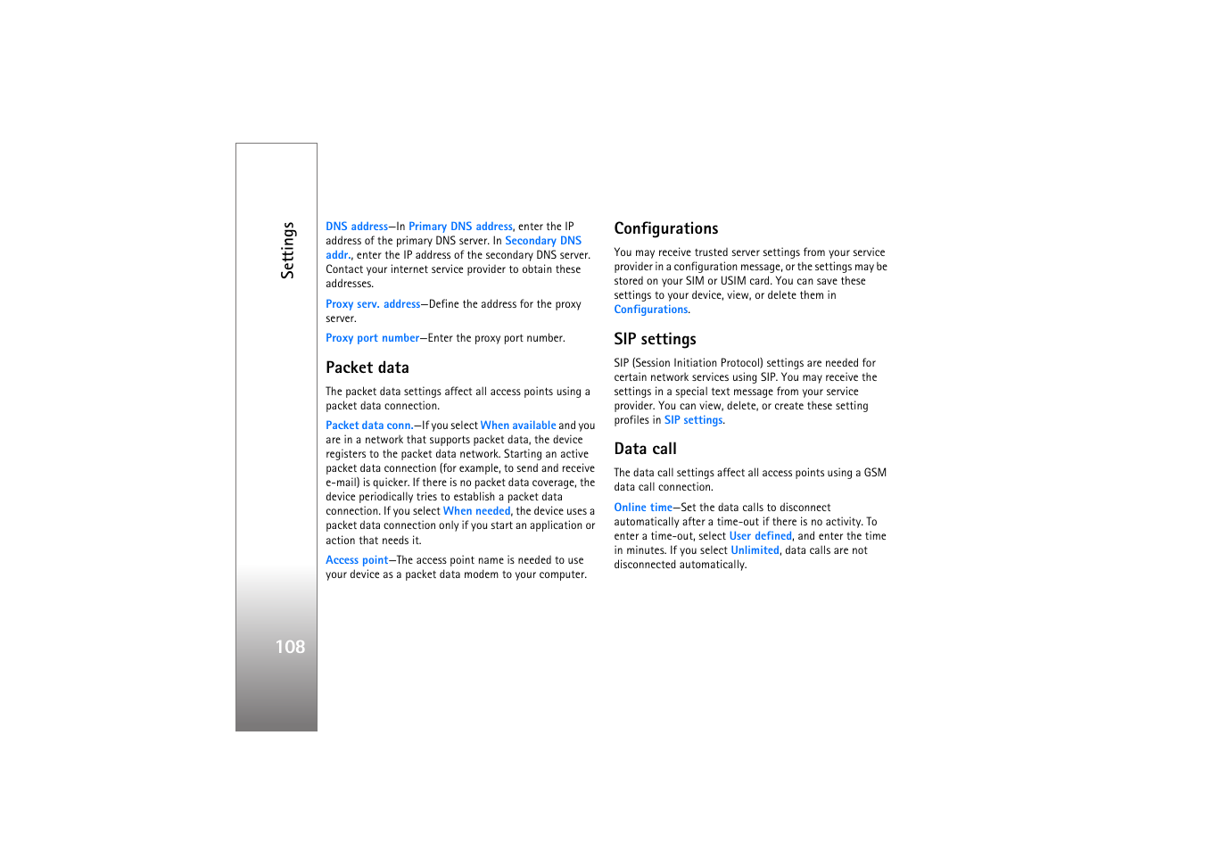 Packet data, Configurations, Sip settings | Data call, Settings | Nokia N77 User Manual | Page 108 / 133