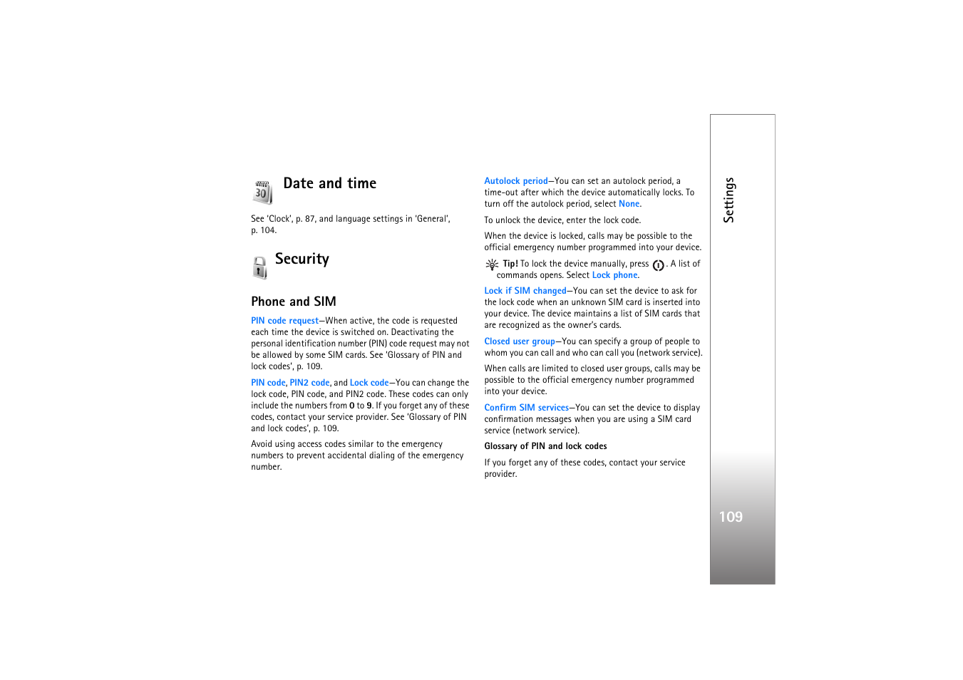 Date and time, Security, Phone and sim | 109 date and time | Nokia N77 User Manual | Page 109 / 133