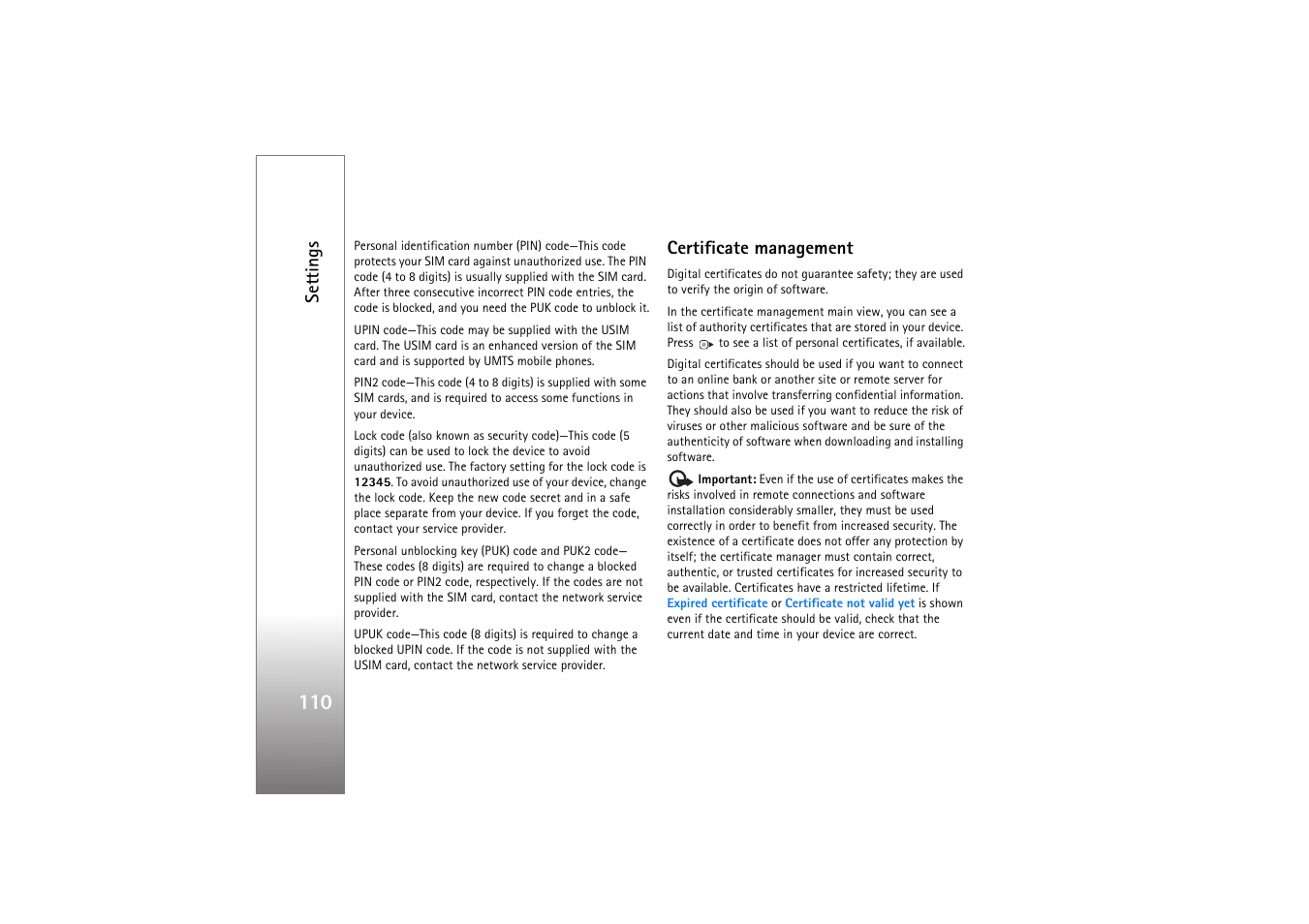Certificate management | Nokia N77 User Manual | Page 110 / 133