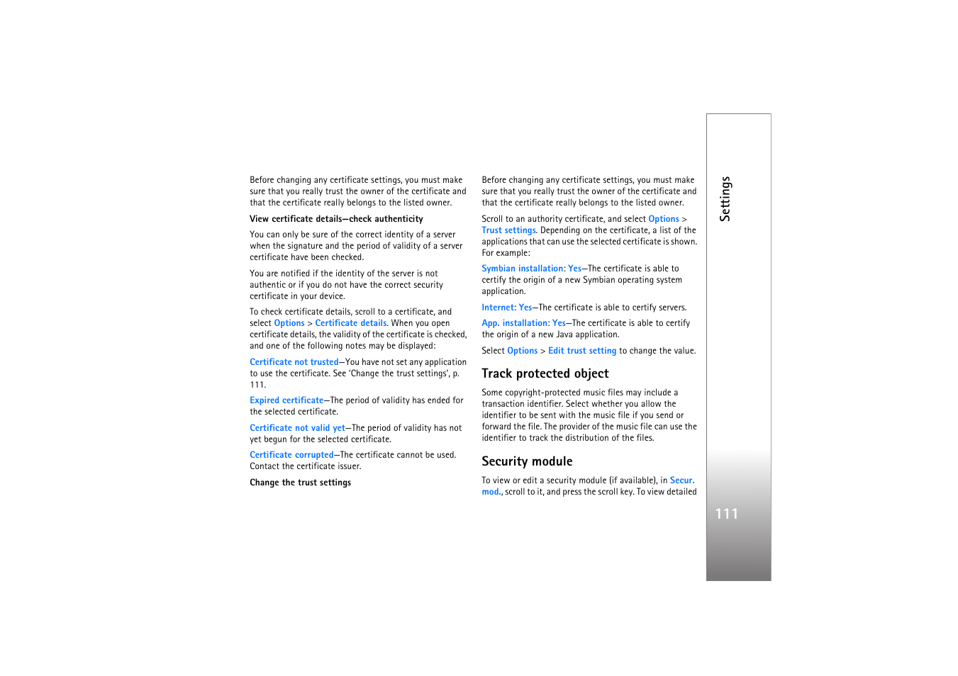 Track protected object, Security module, Settings | Nokia N77 User Manual | Page 111 / 133