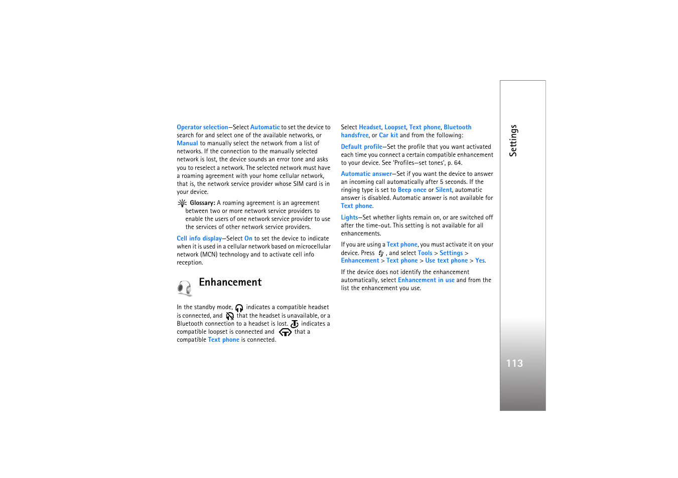 Enhancement, Settings | Nokia N77 User Manual | Page 113 / 133