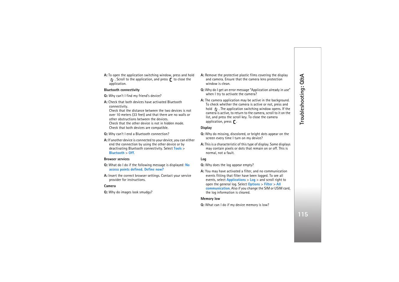 Troubleshooting: q&a | Nokia N77 User Manual | Page 115 / 133