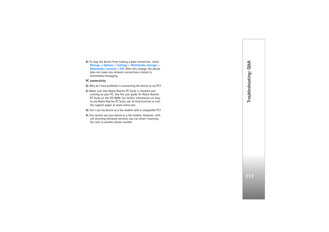 Troubleshooting: q&a | Nokia N77 User Manual | Page 117 / 133