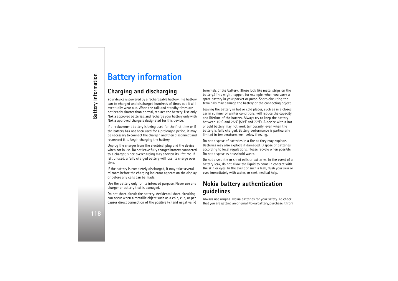 Battery information, Charging and discharging, Nokia battery authentication guidelines | Nokia N77 User Manual | Page 118 / 133