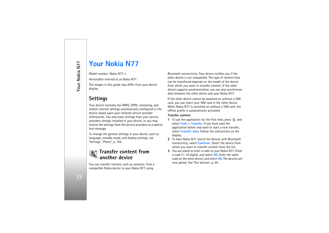 Your nokia n77, Settings, Transfer content from another device | Settings transfer content from another device | Nokia N77 User Manual | Page 12 / 133