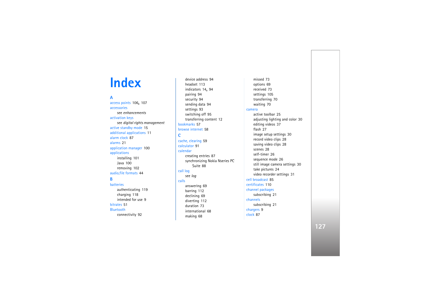 Index | Nokia N77 User Manual | Page 127 / 133