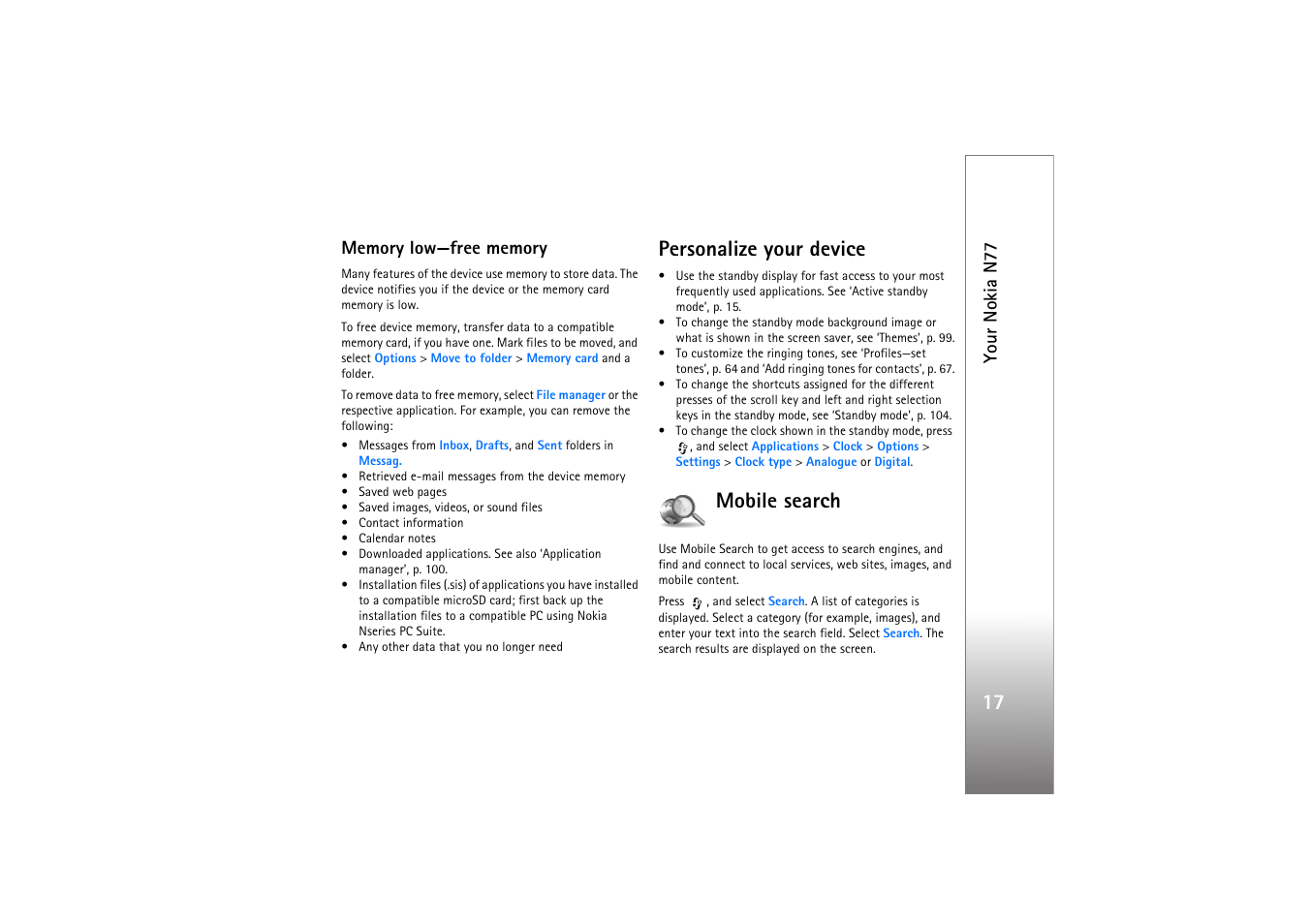 Memory low—free memory, Personalize your device, Mobile search | Personalize your device mobile search, Your nokia n77 | Nokia N77 User Manual | Page 17 / 133