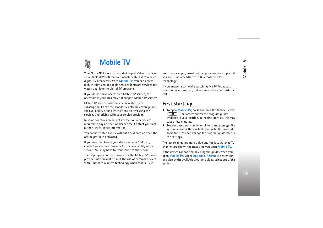 Mobile tv, First start-up | Nokia N77 User Manual | Page 19 / 133