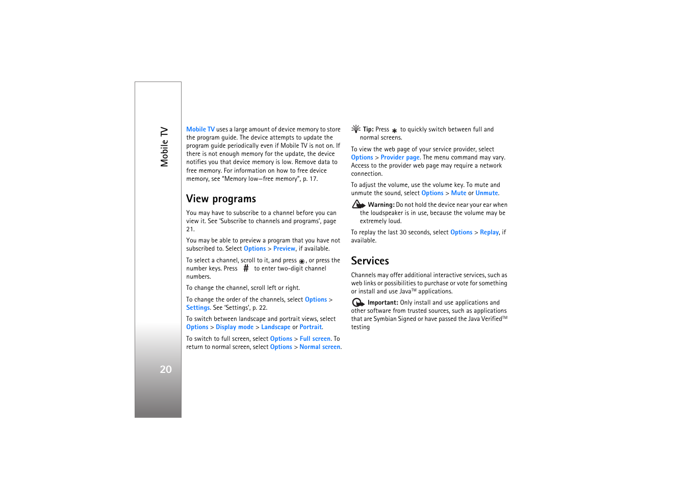 View programs, Services, View programs services | Mobile tv | Nokia N77 User Manual | Page 20 / 133