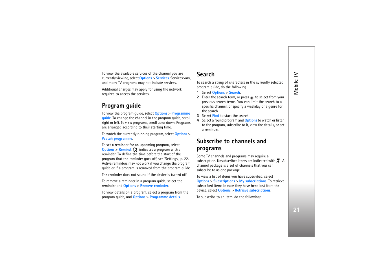 Program guide, Search, Subscribe to channels | Subscribe to channels and programs, Mobile tv | Nokia N77 User Manual | Page 21 / 133