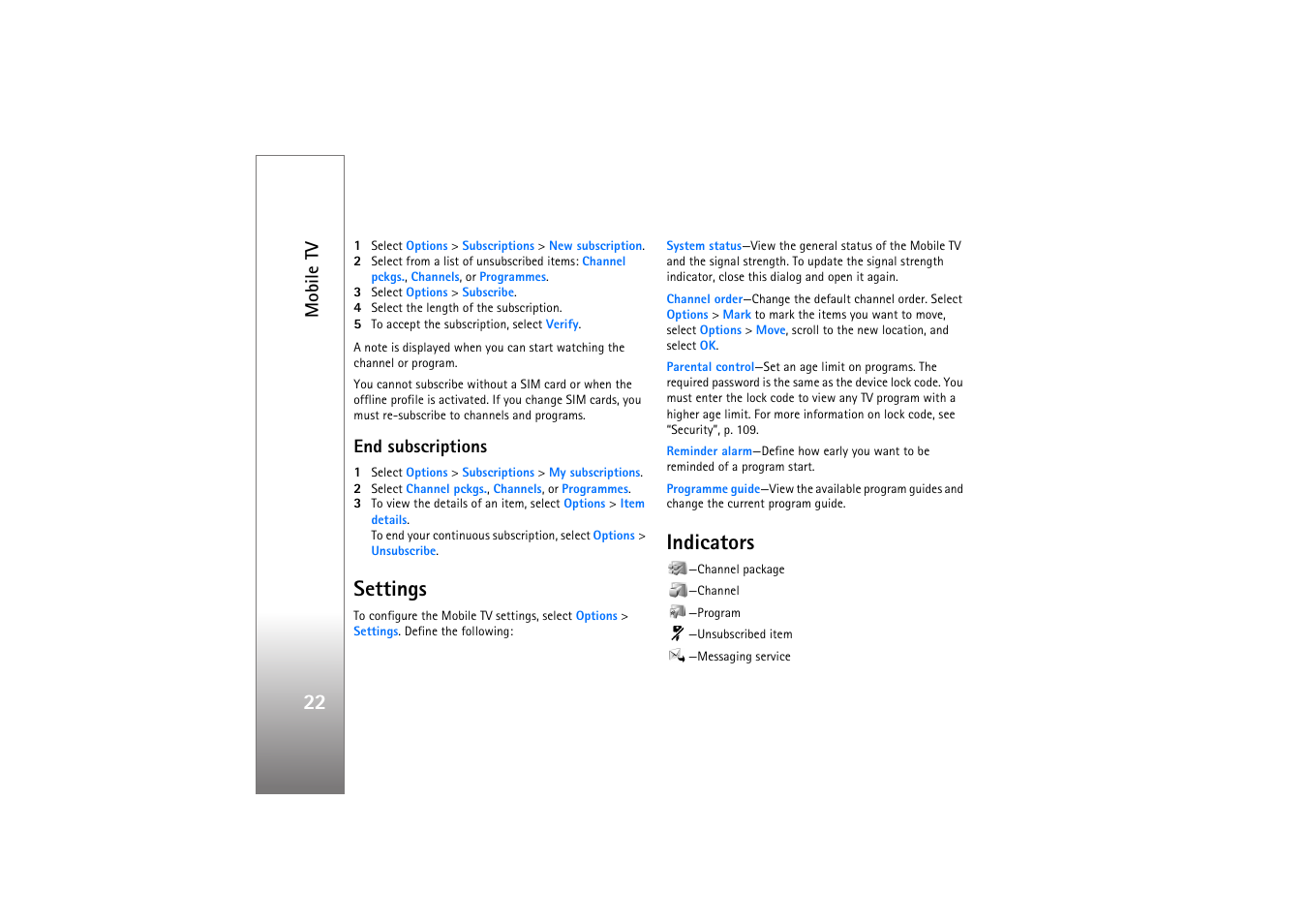 End subscriptions, Settings, Indicators | Settings indicators, Mobile tv | Nokia N77 User Manual | Page 22 / 133