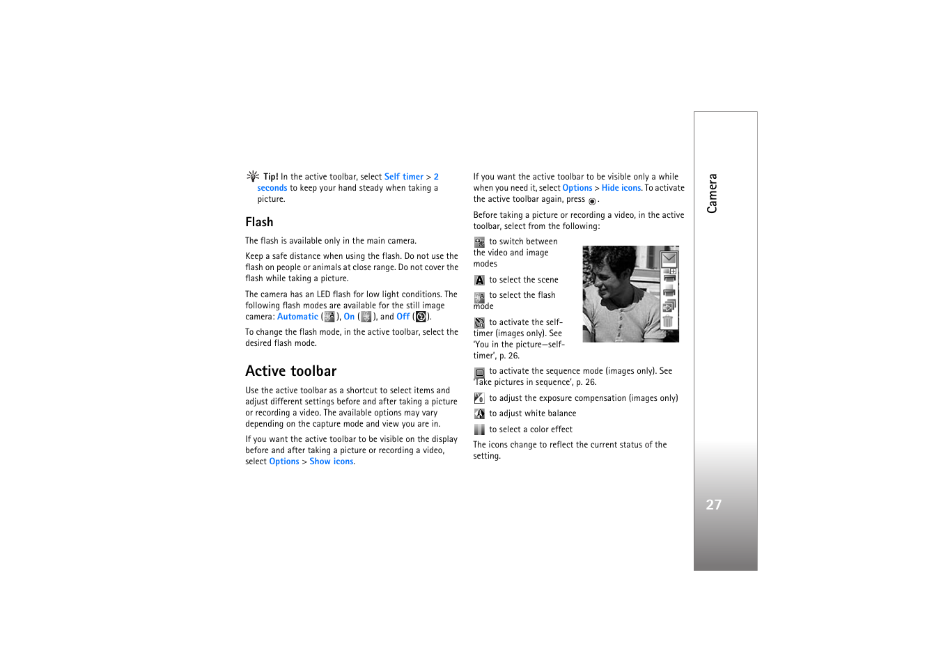 Flash, Active toolbar, E ‘active toolbar’, p. 27 | Camera | Nokia N77 User Manual | Page 27 / 133