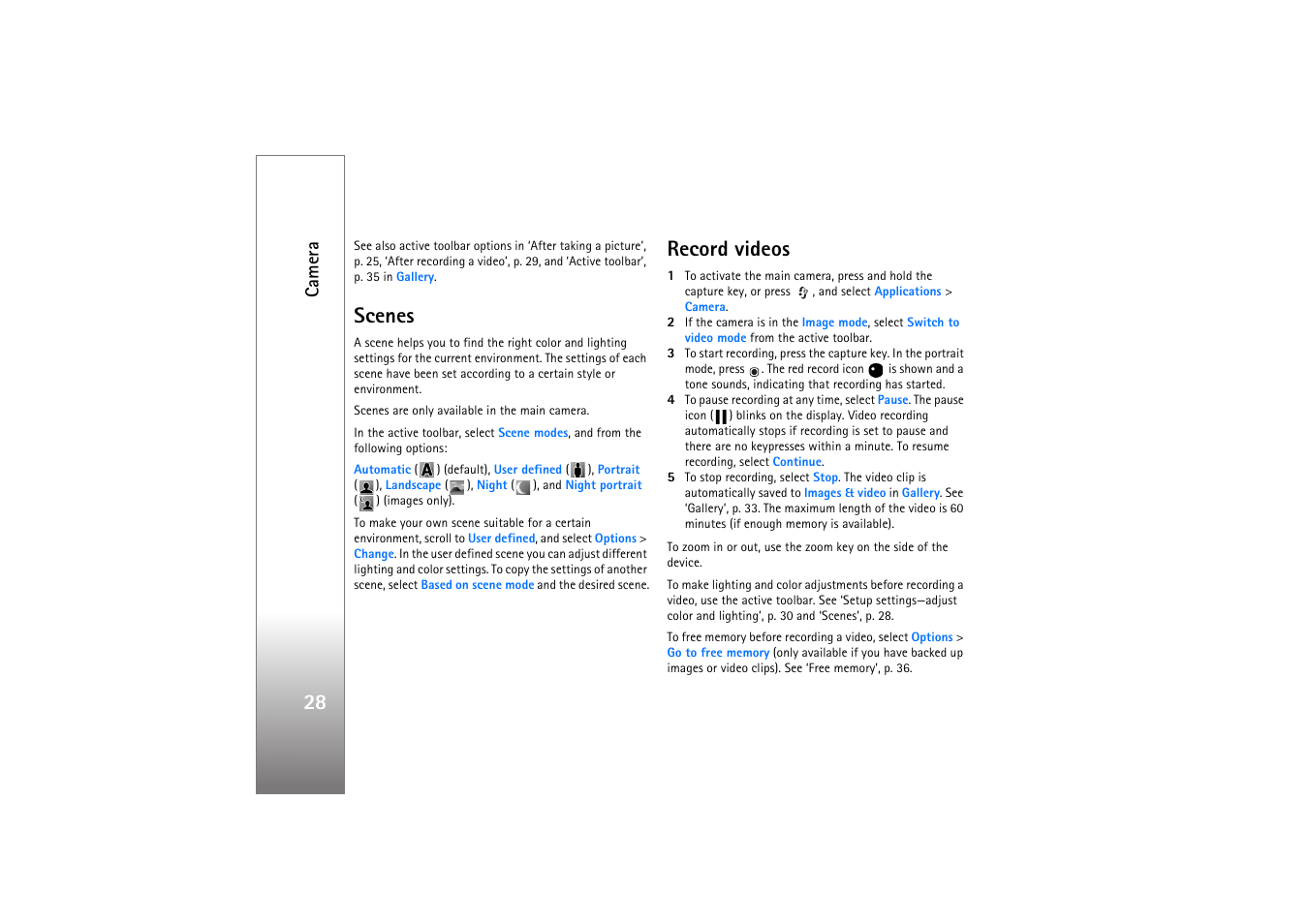 Scenes, Record videos, Scenes record videos | Camera | Nokia N77 User Manual | Page 28 / 133