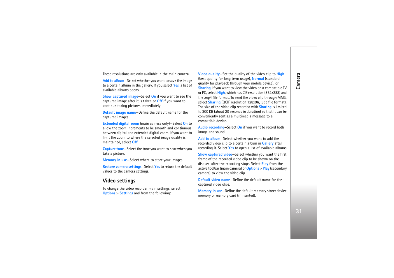 Video settings, See ‘video settings’, p. 31, Video settings’, p. 31 | Camera | Nokia N77 User Manual | Page 31 / 133
