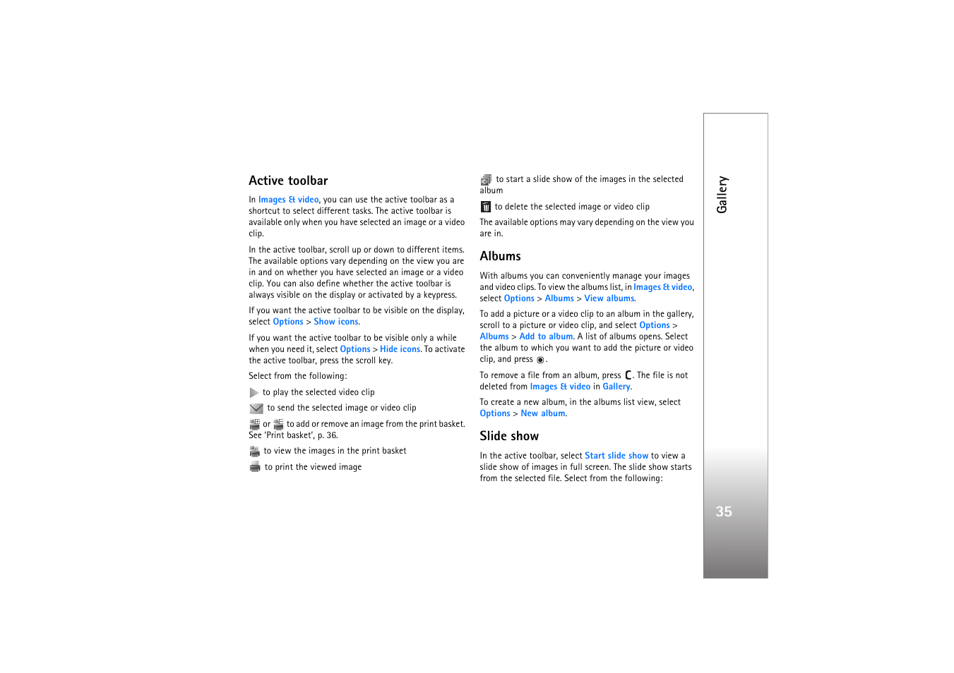 Active toolbar, Albums, Slide show | P. 35 in, E ‘albums, To create pl, Gallery | Nokia N77 User Manual | Page 35 / 133