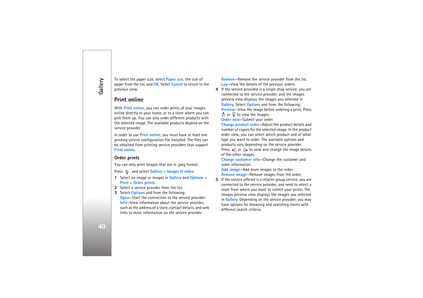 Print online, Gallery | Nokia N77 User Manual | Page 40 / 133