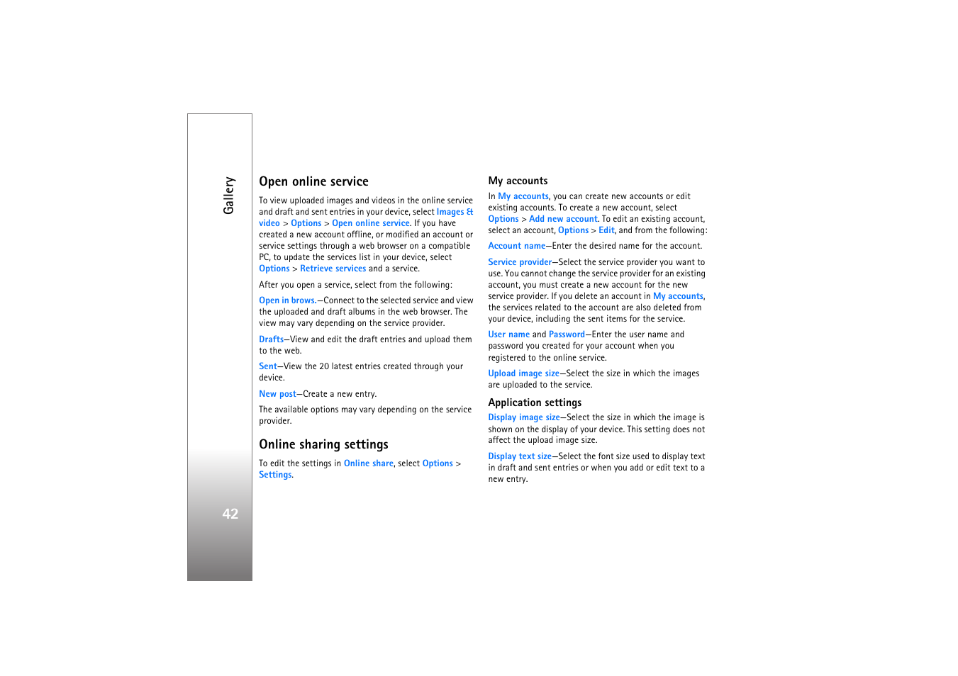 Open online service, Online sharing settings, Gallery | Nokia N77 User Manual | Page 42 / 133
