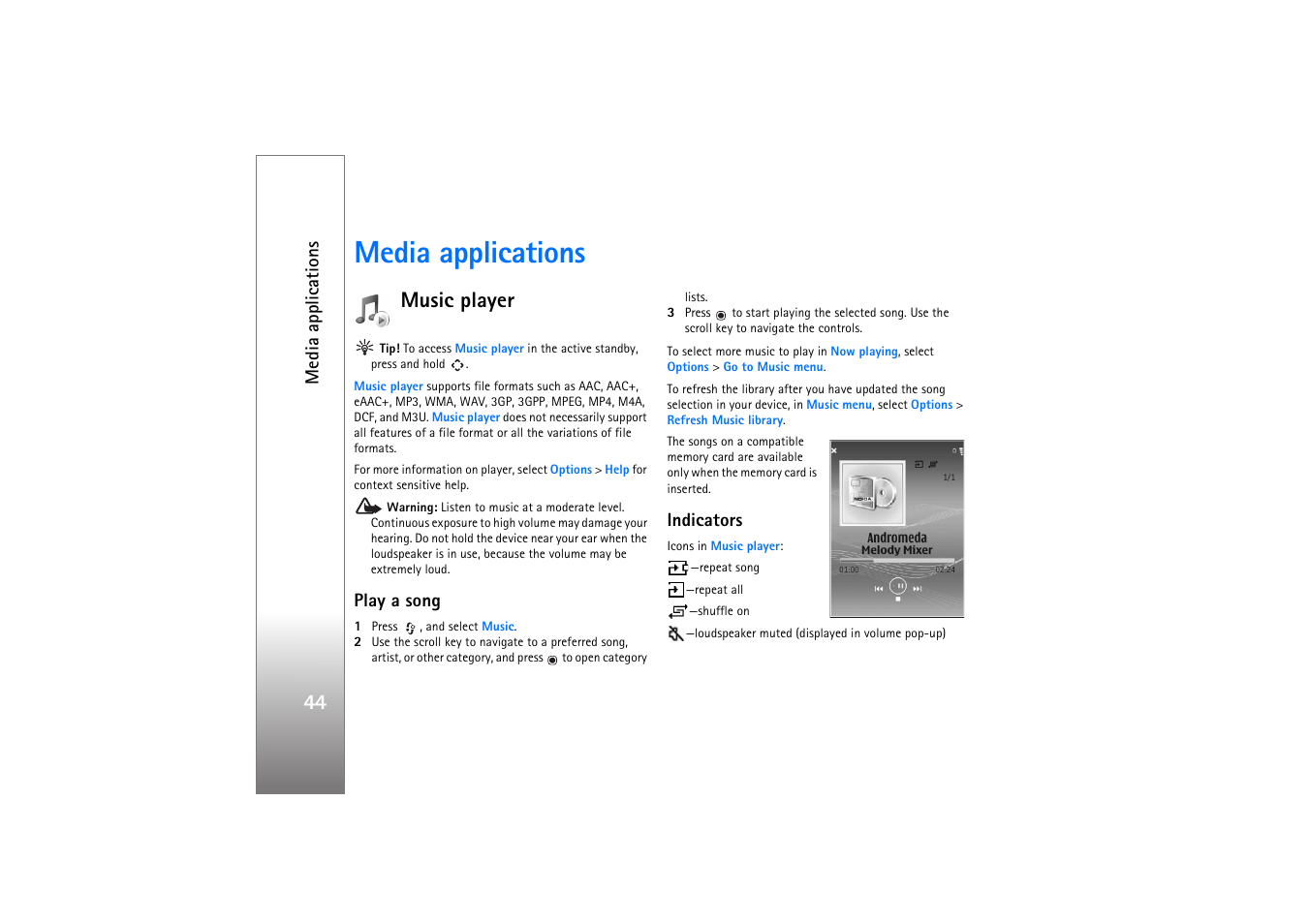 Media applications, Music player, Play a song | Indicators, P. 44 | Nokia N77 User Manual | Page 44 / 133