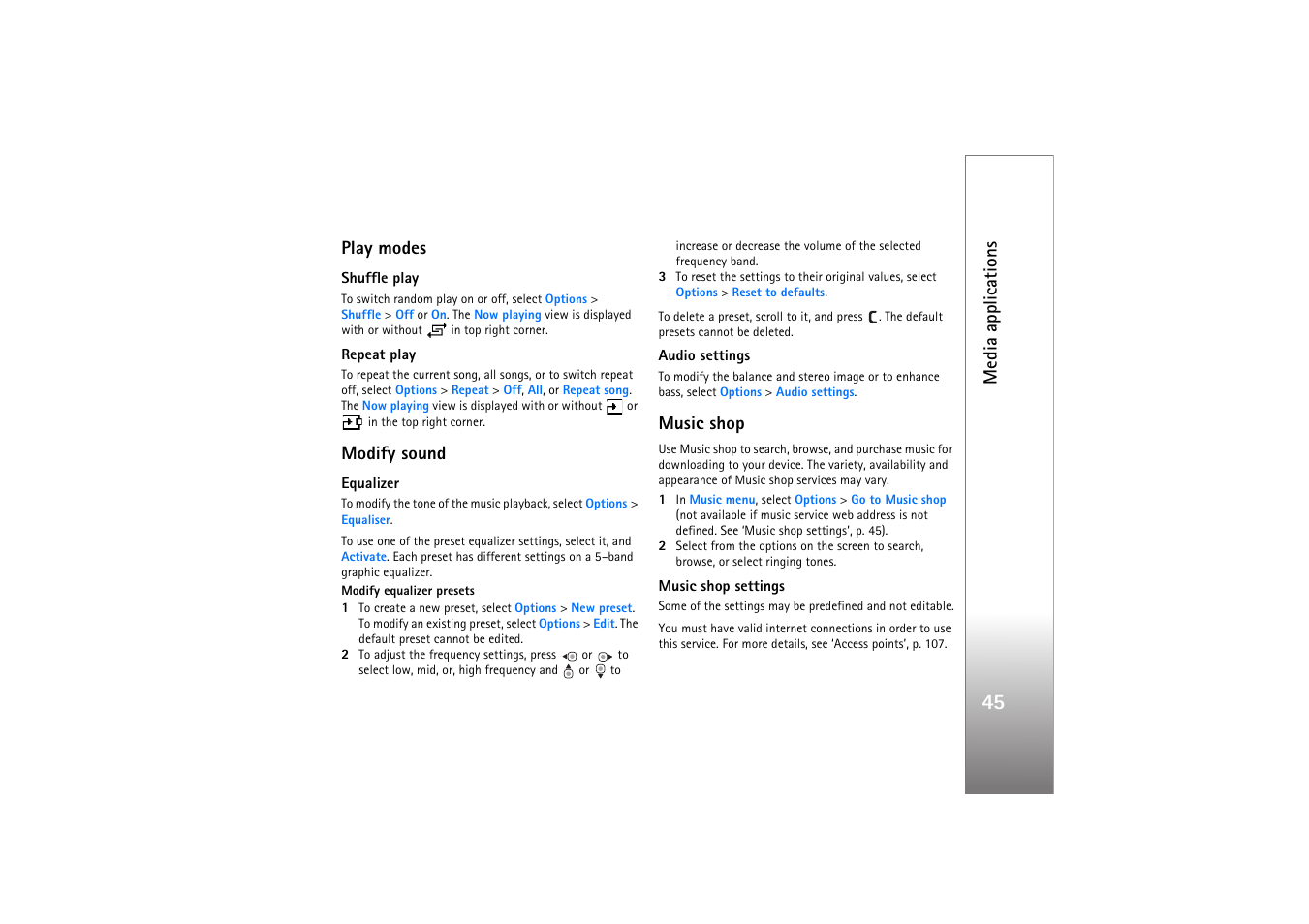 Play modes, Modify sound, Music shop | Media applications | Nokia N77 User Manual | Page 45 / 133