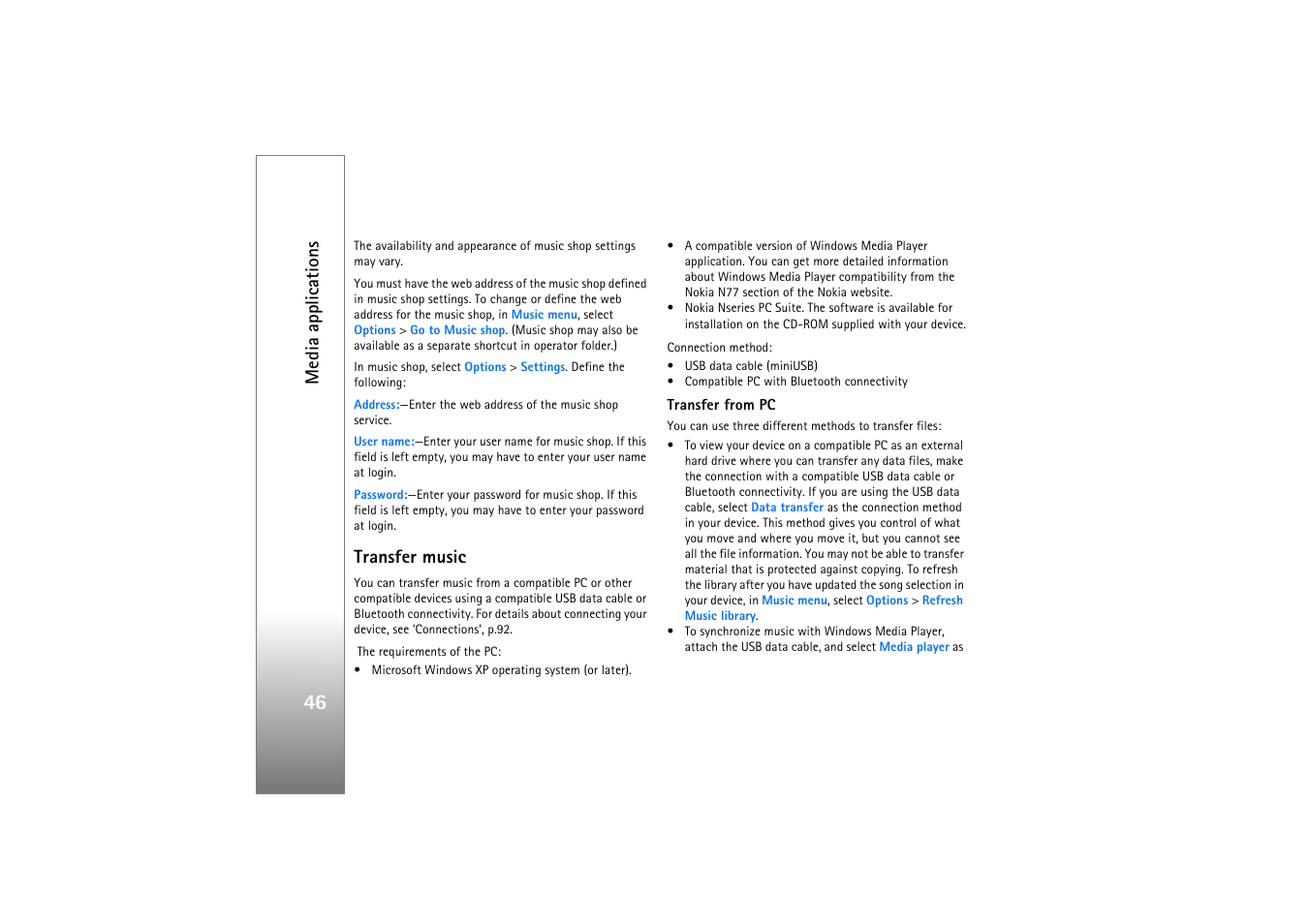 Transfer music, Media applications | Nokia N77 User Manual | Page 46 / 133