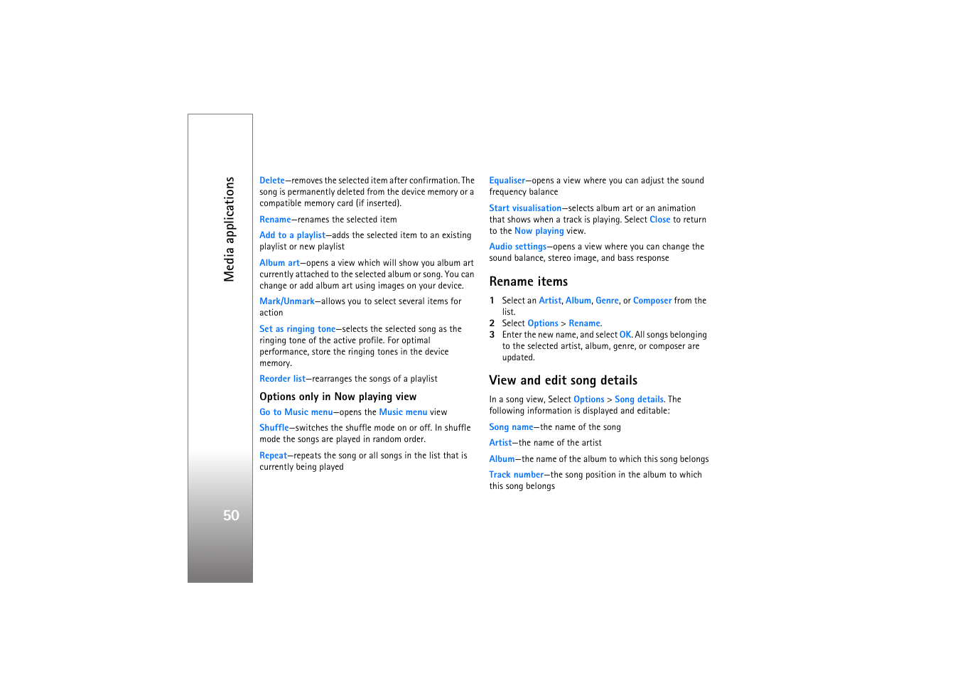 Rename items, View and edit song details, Media applications | Nokia N77 User Manual | Page 50 / 133