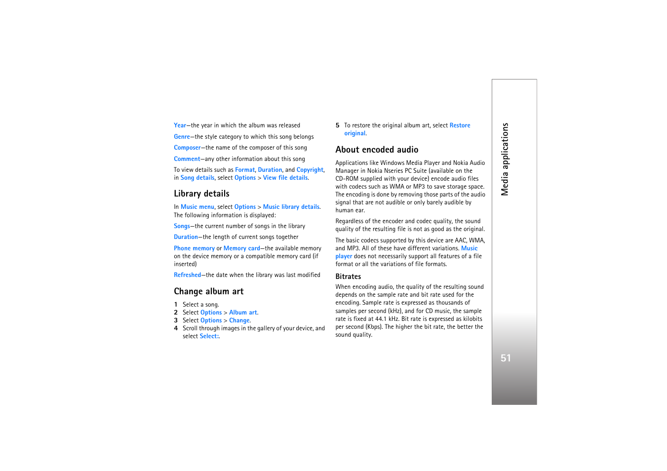 Library details, Change album art, About encoded audio | Media applications | Nokia N77 User Manual | Page 51 / 133