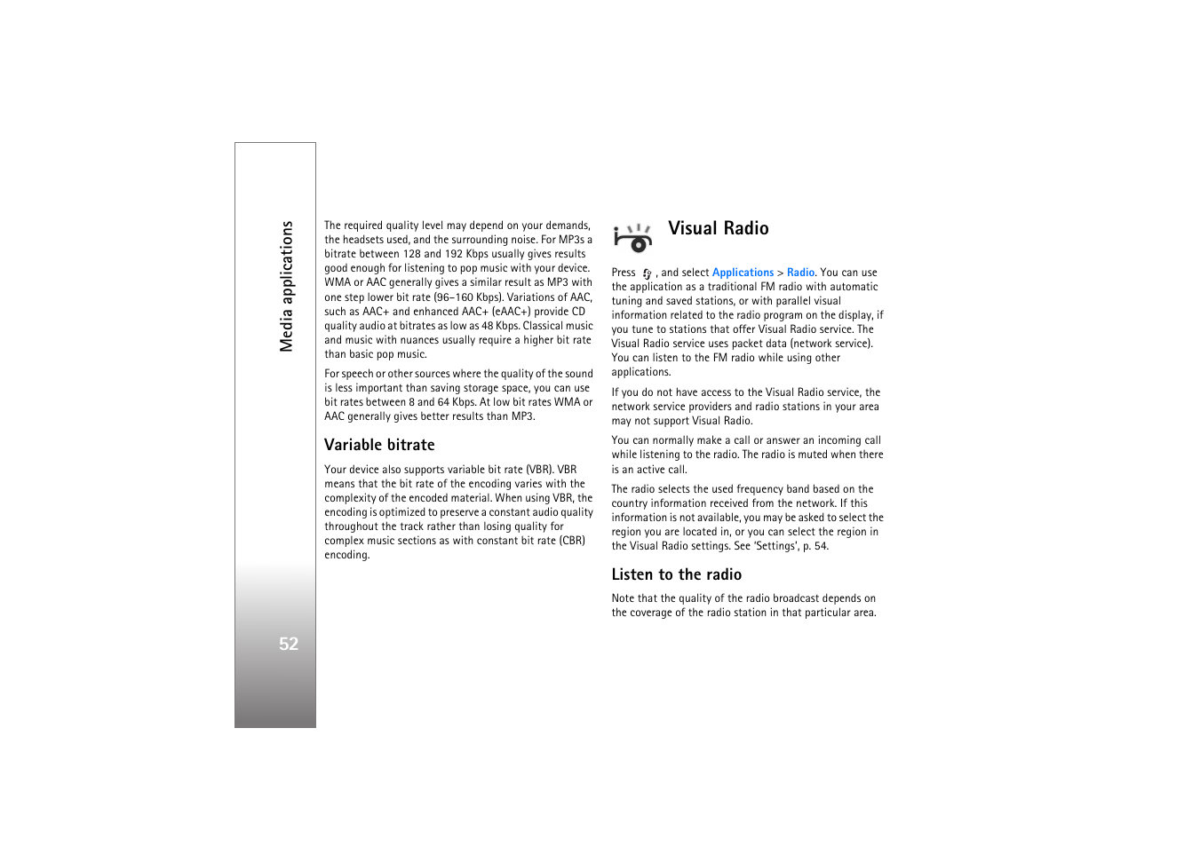 Variable bitrate, Visual radio, Listen to the radio | Nokia N77 User Manual | Page 52 / 133