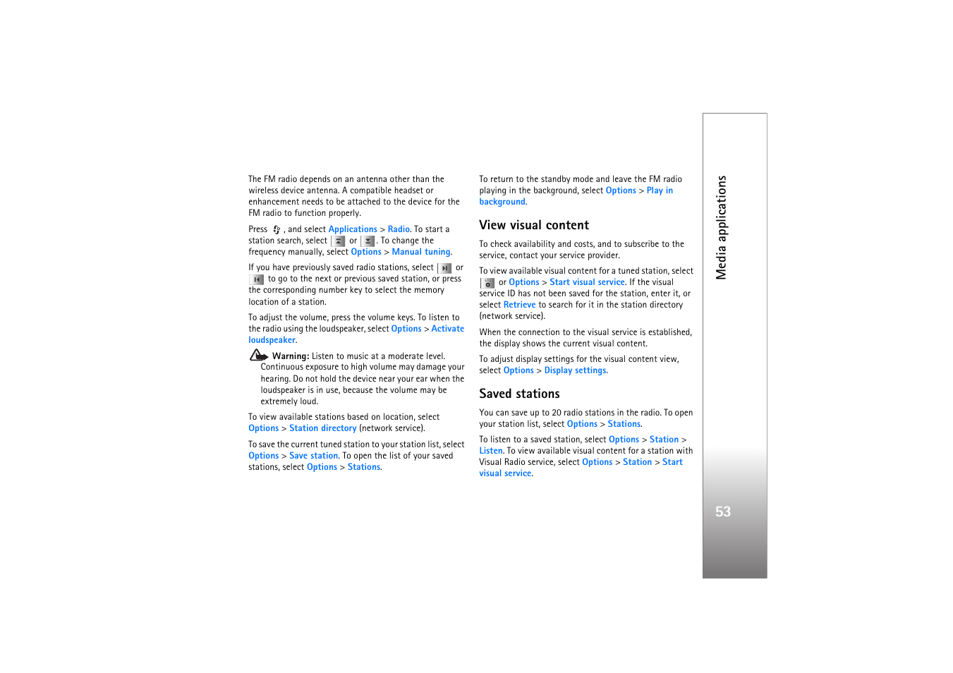 View visual content, Saved stations, Media applications | Nokia N77 User Manual | Page 53 / 133