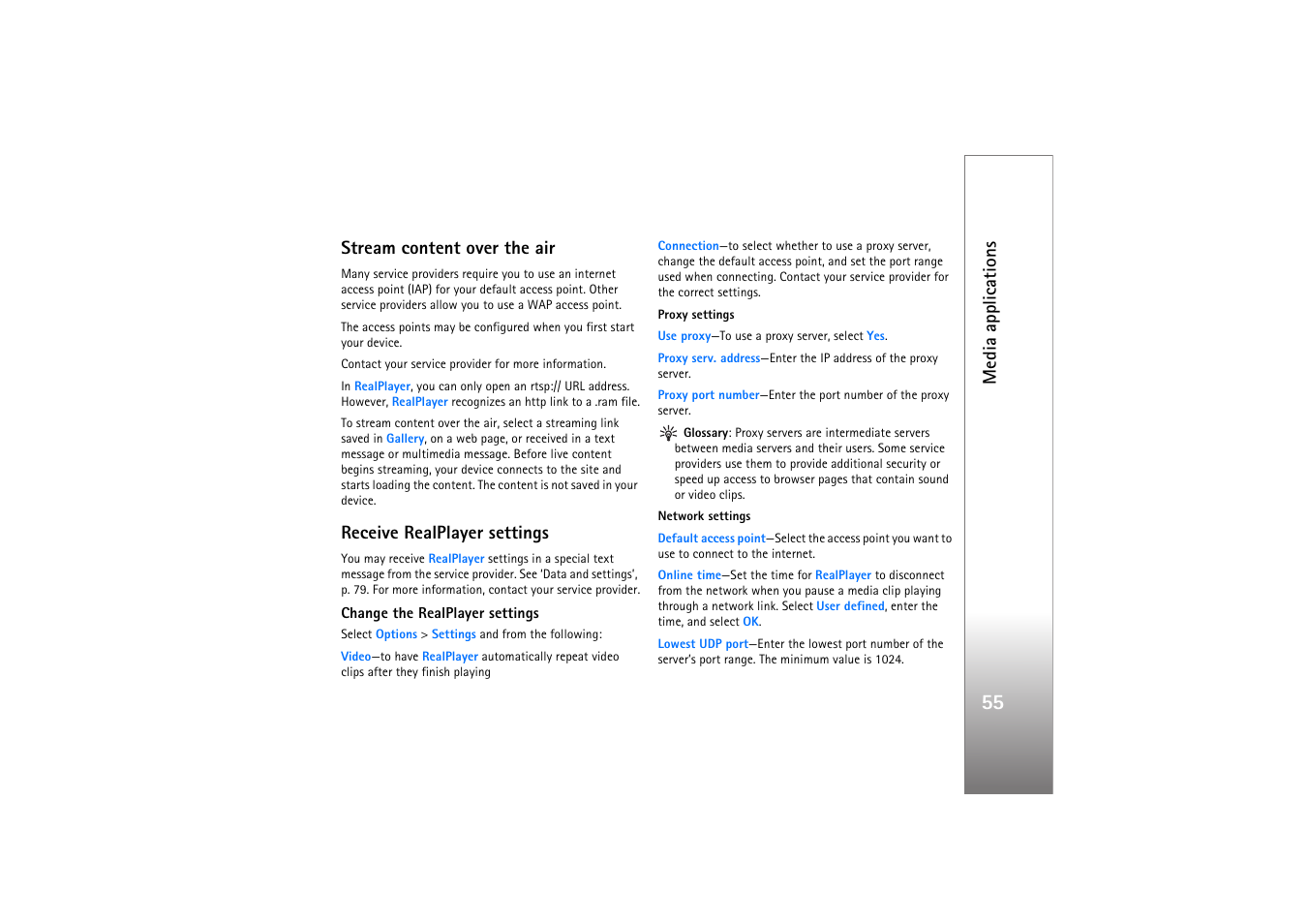 Stream content over the air, Receive realplayer settings, Media applications | Nokia N77 User Manual | Page 55 / 133