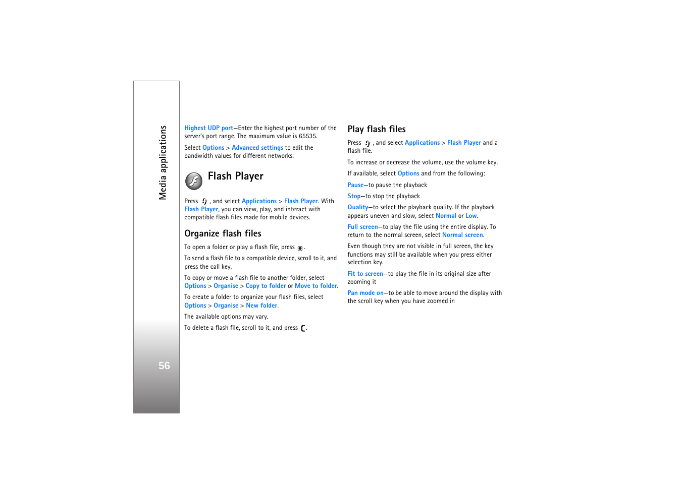 Flash player, Organize flash files, Play flash files | Media applications | Nokia N77 User Manual | Page 56 / 133