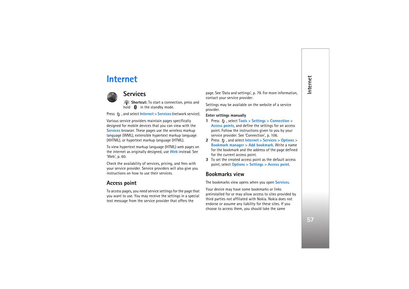 Internet, Services, Access point | Bookmarks view | Nokia N77 User Manual | Page 57 / 133