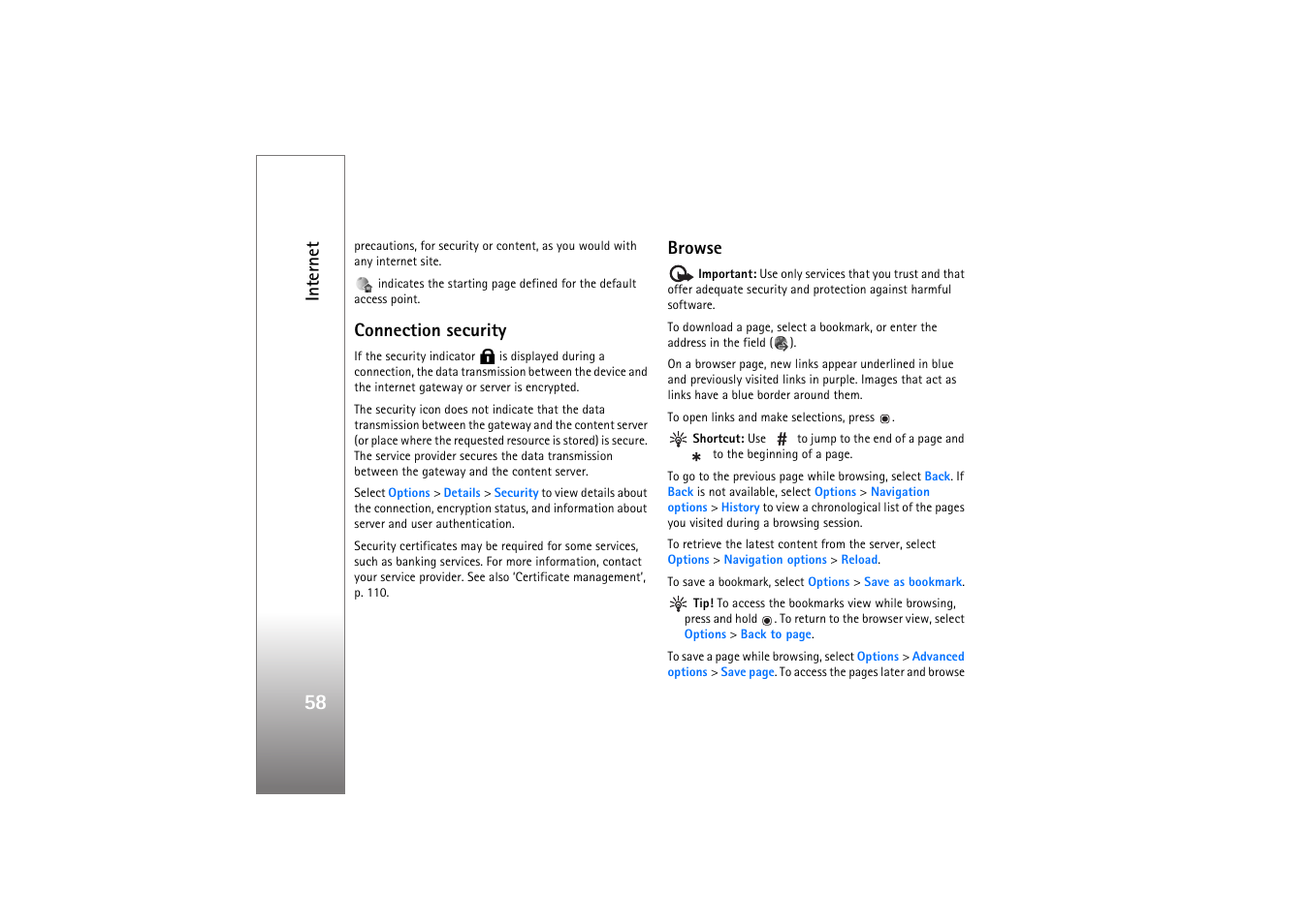 Connection security, Browse, Int er n et | Nokia N77 User Manual | Page 58 / 133