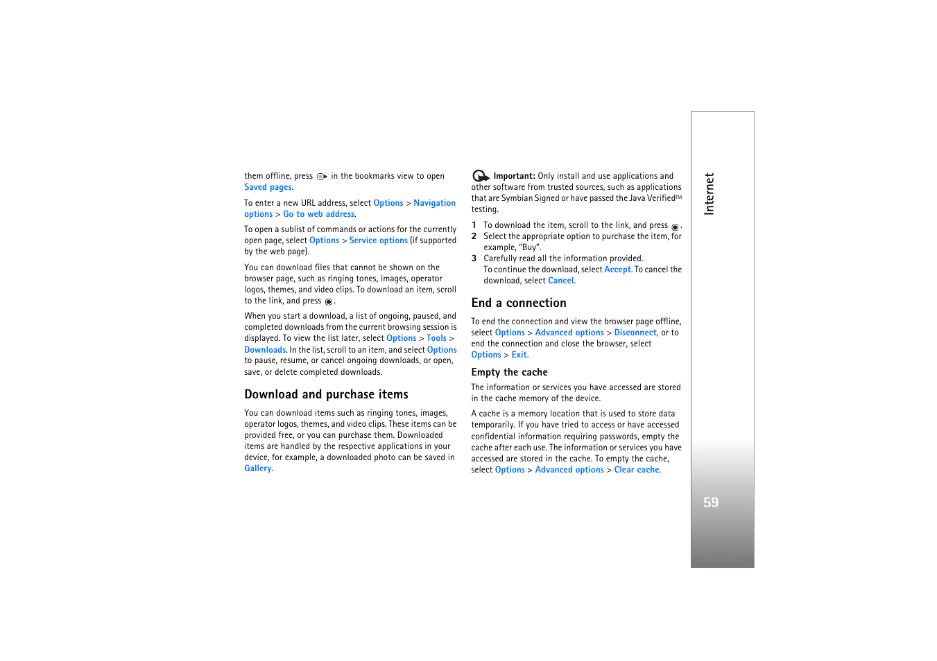 Download and purchase items, End a connection, Int er n et | Nokia N77 User Manual | Page 59 / 133