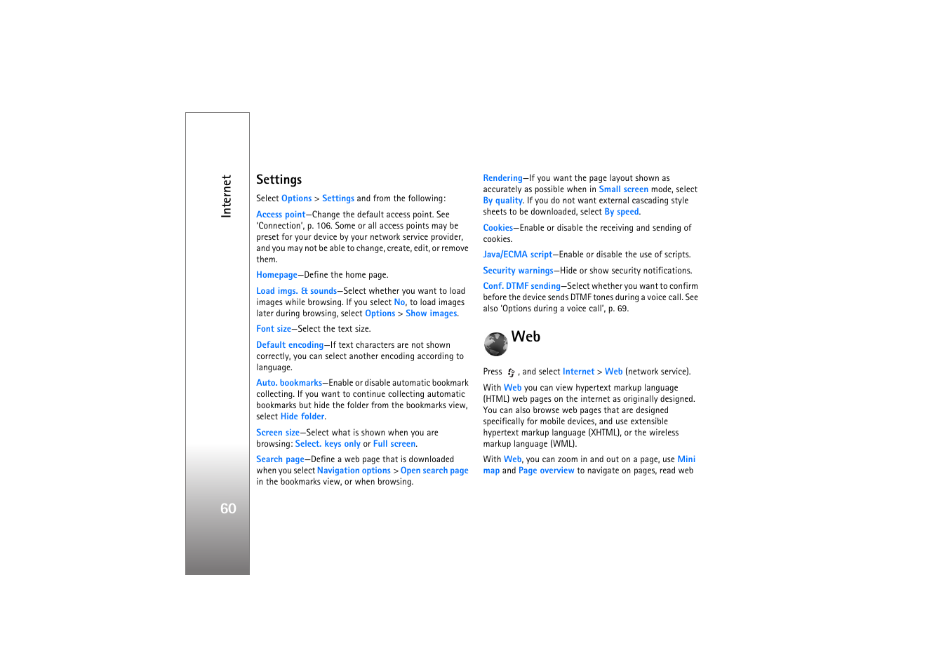 Settings, Int er n et | Nokia N77 User Manual | Page 60 / 133